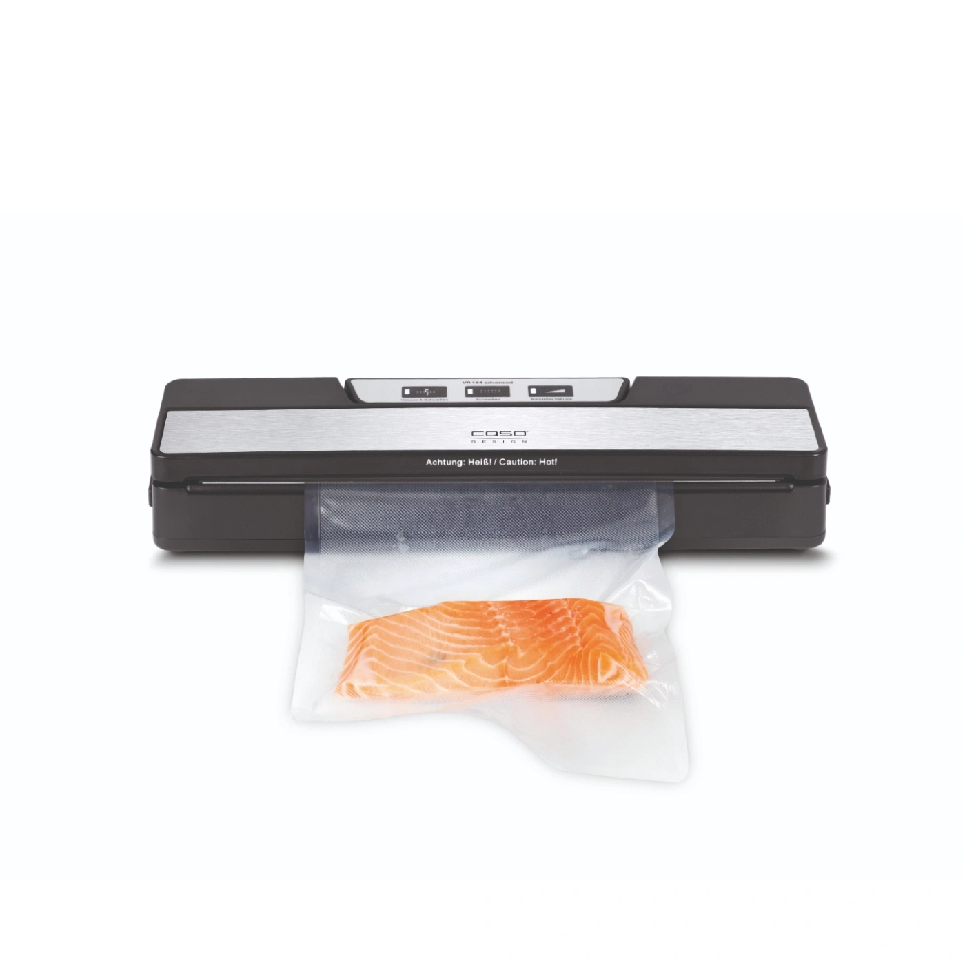 Vacuum sealer with salmon in a bag, isolated on white background
