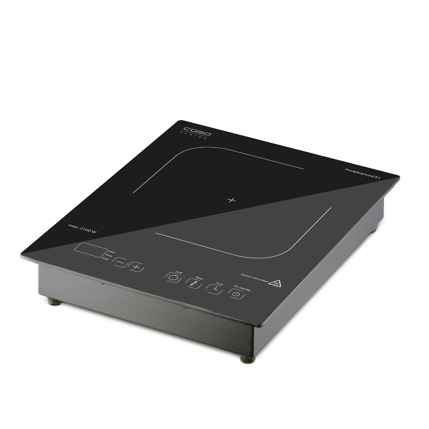 Schwarzes Kochfeld mit Bedienfeld und Warnhinweisen, Caso Design ProAdvanced E1.