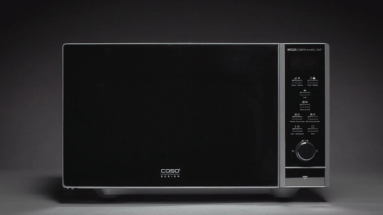 Black microwave with control panel and logo, MCG25 CERAMIC chef, Caso Design.