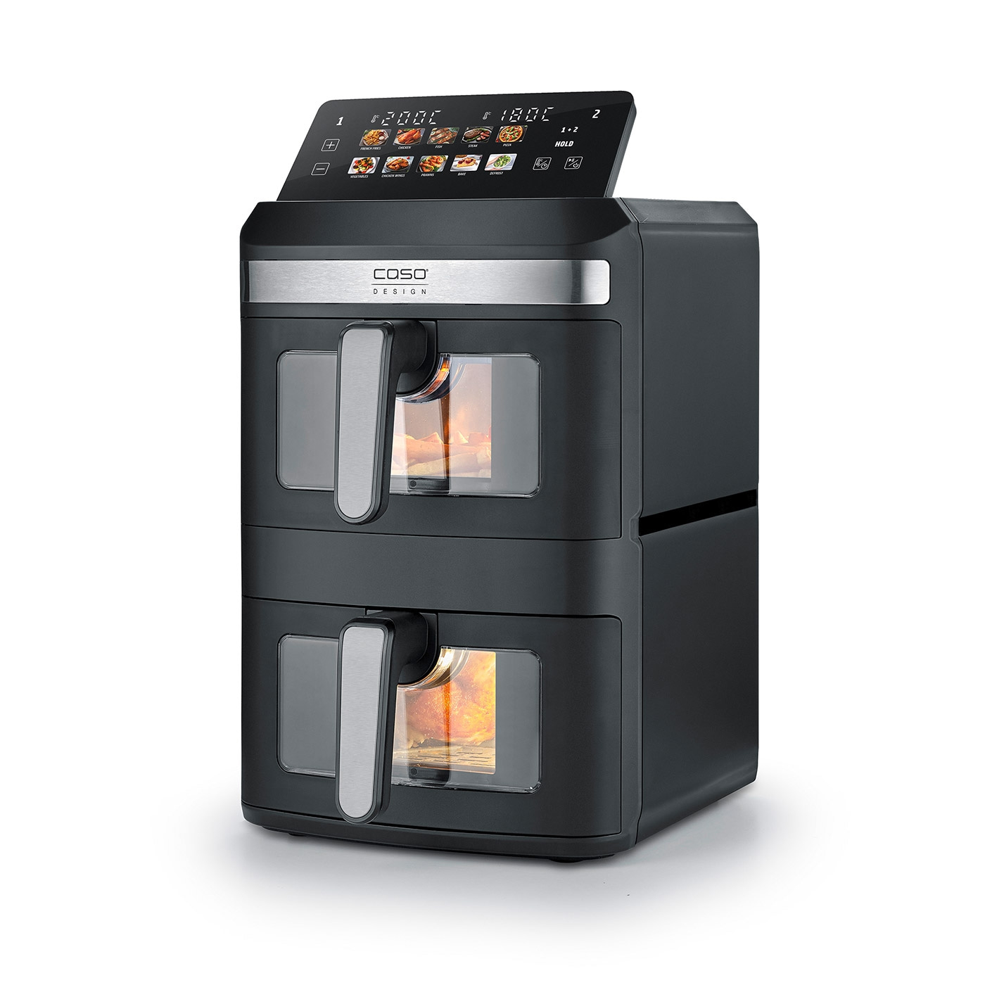 Dual air fryer with digital controls, viewing windows, and food presets.
