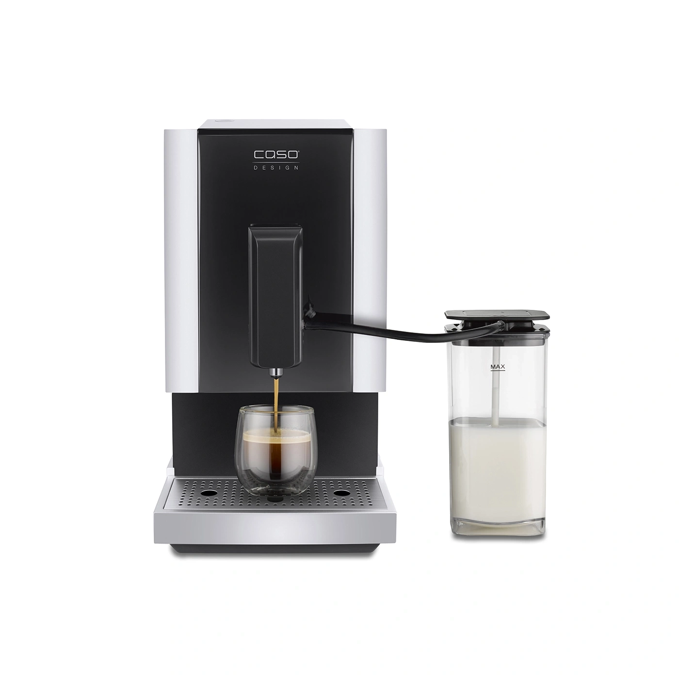 Kaffeemaschine mit Milchbehälter, Kaffee wird in ein Glas gegossen.
