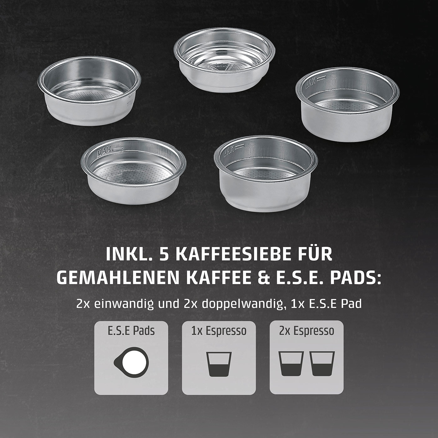 Kaffeefilter mit Text: 5 Kaffeesiebe für gemahlenen Kaffee & E.S.E. Pads.