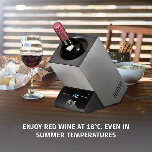 Wine cooler with red wine, glass, cheese, summer, temperature display, enjoyment, table, food, drink, design