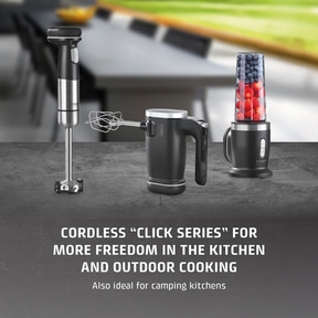 Three kitchen appliances on a gray surface with text: Wireless Click series for more freedom in the kitchen.