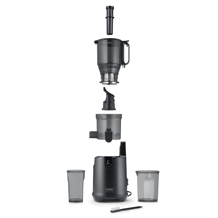 Disassembled juicer with accessories, black, Caso Design, isolated on white background