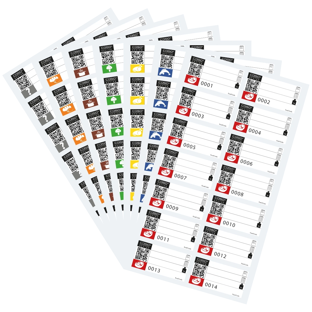 Cards with QR codes, food symbols, and numbers for food labeling and organization.