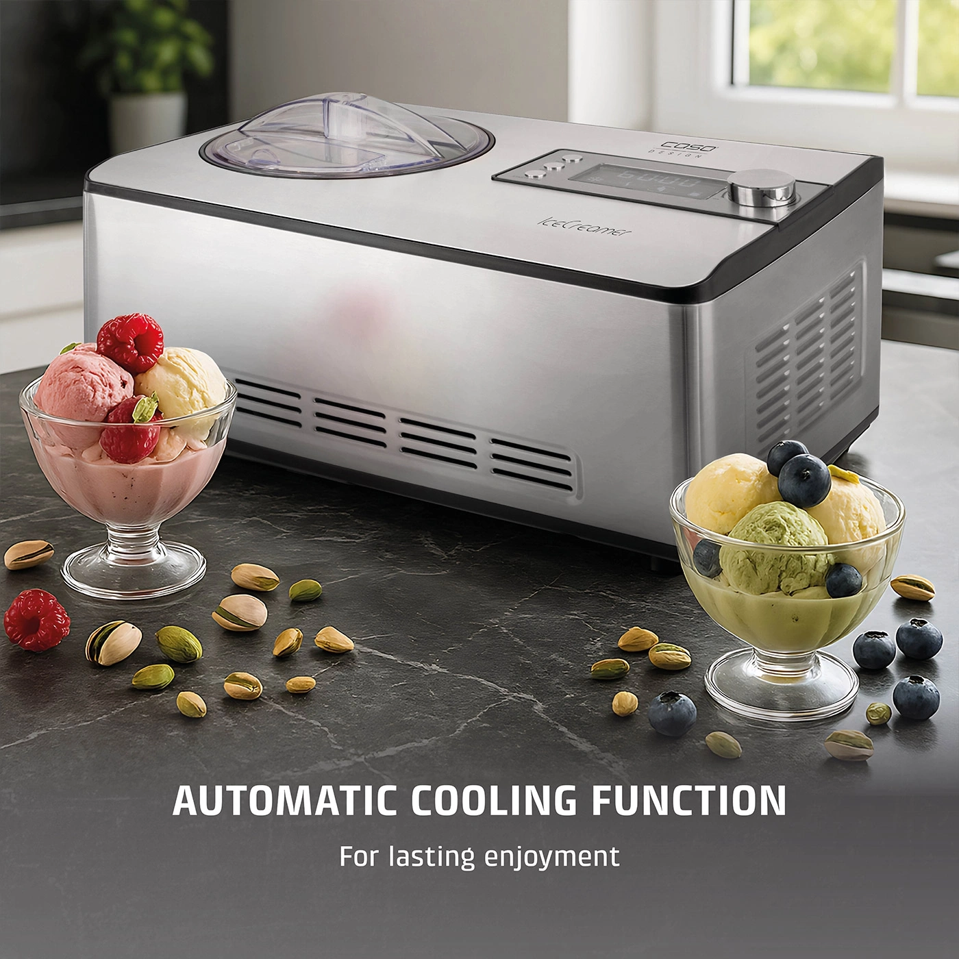Ice cream machine with ice cream cups and fruits on a dark background