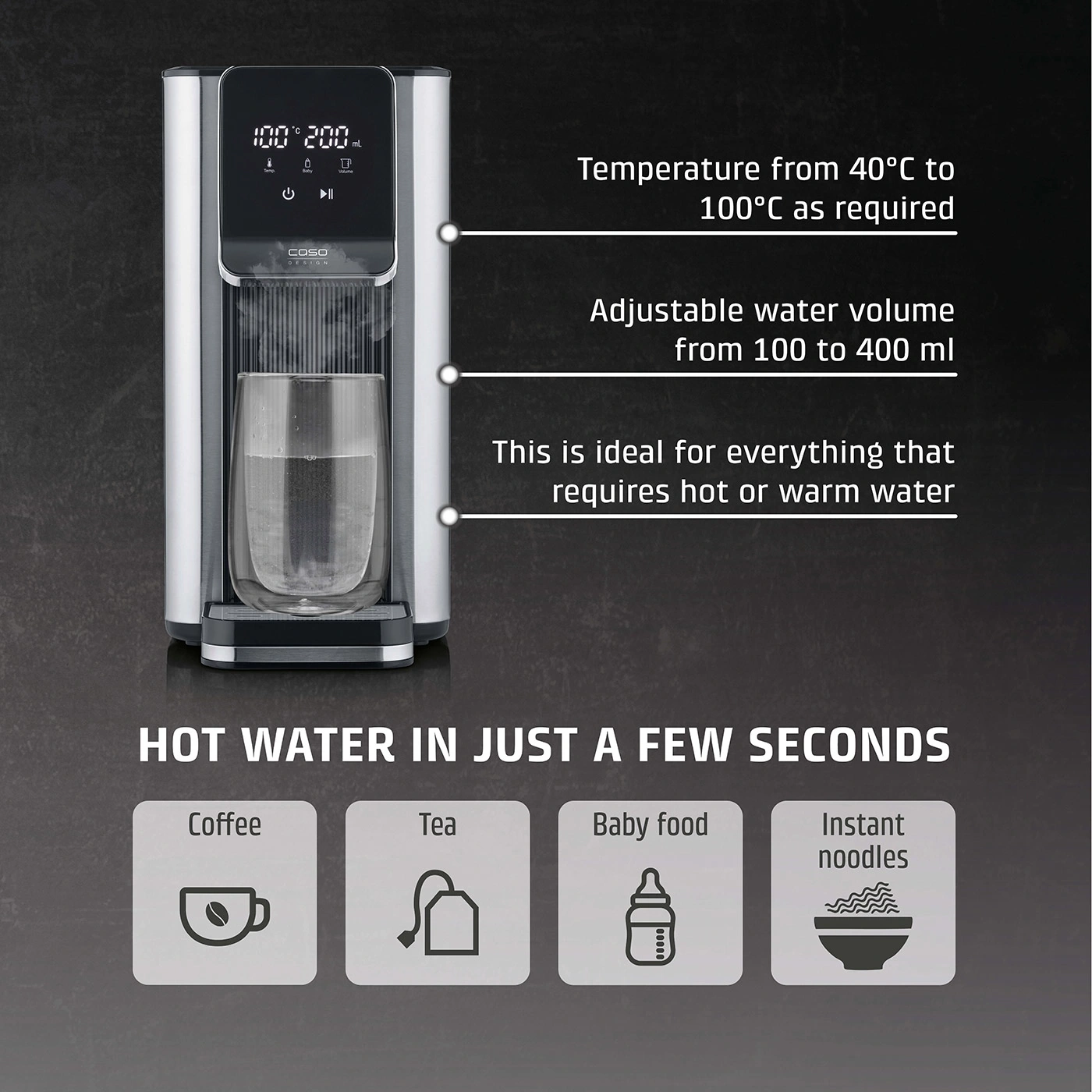 Hot water dispenser with temperature control and water volume adjustment for coffee, tea, baby food, and instant noodles.