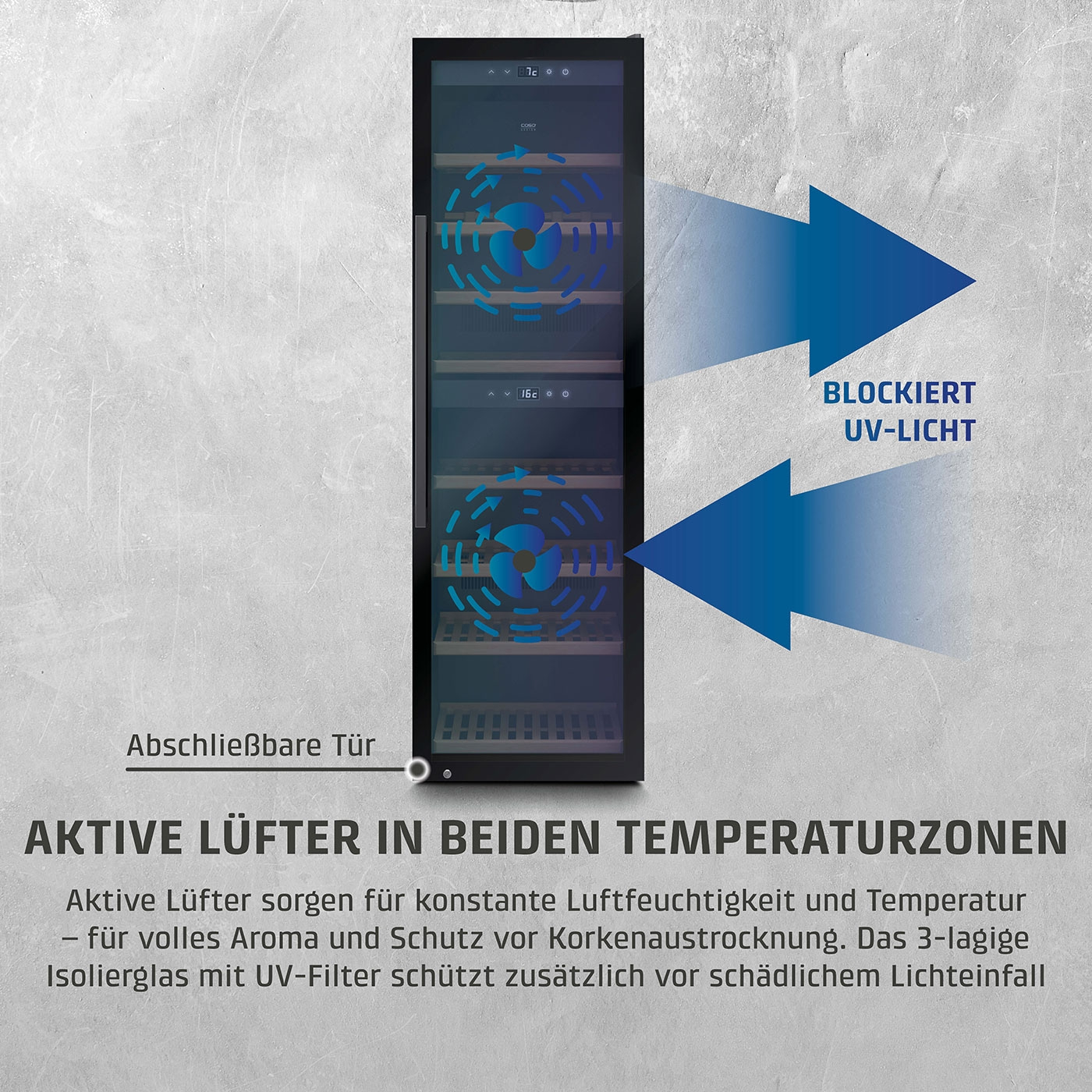 Weinkühlschrank mit aktiven Lüftern, UV-Schutz und abschließbarer Tür.