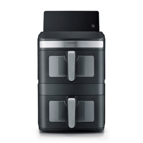 A modern, black dual air fryer tower with silver handles and viewing windows.