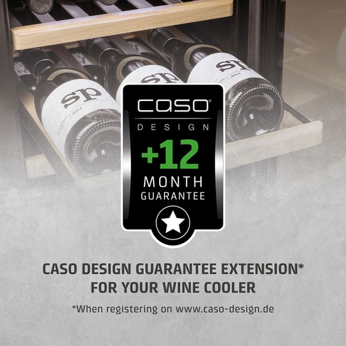 Wine cooler with warranty information from Caso Design, 12 months warranty.