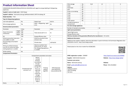 Product data sheet refrigerator CASO Design, technical data, energy efficiency class F, wine storage compartment