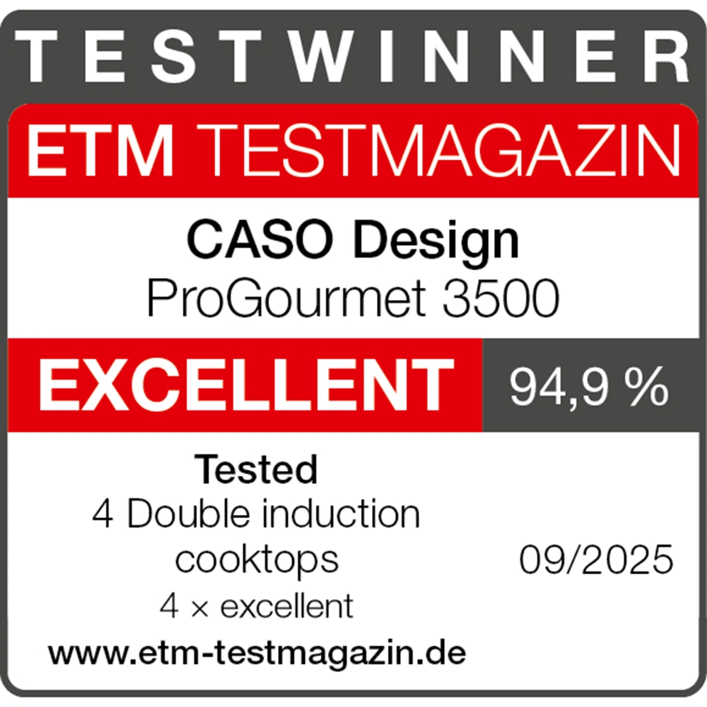 ETM Testmagazin award for CASO Design ProGourmet 3500, Very Good, 94.9%, 09/2025