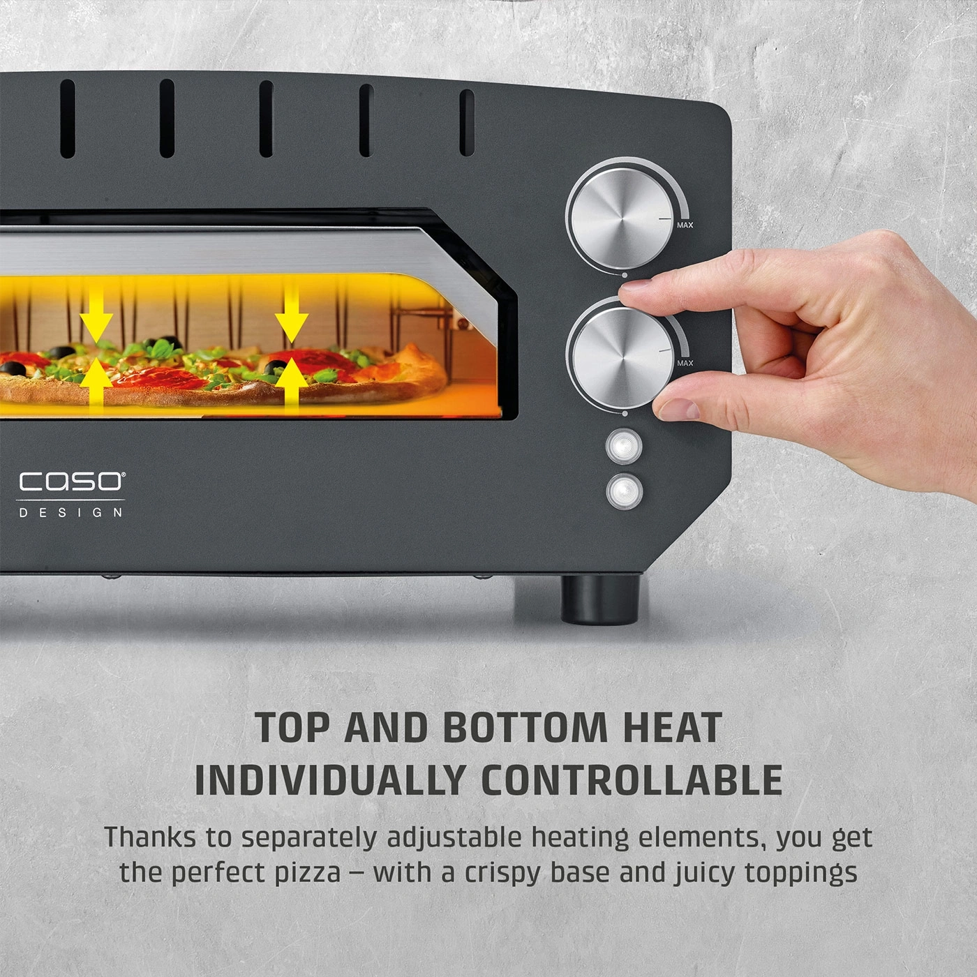 A pizza oven with two control knobs and a pizza image.