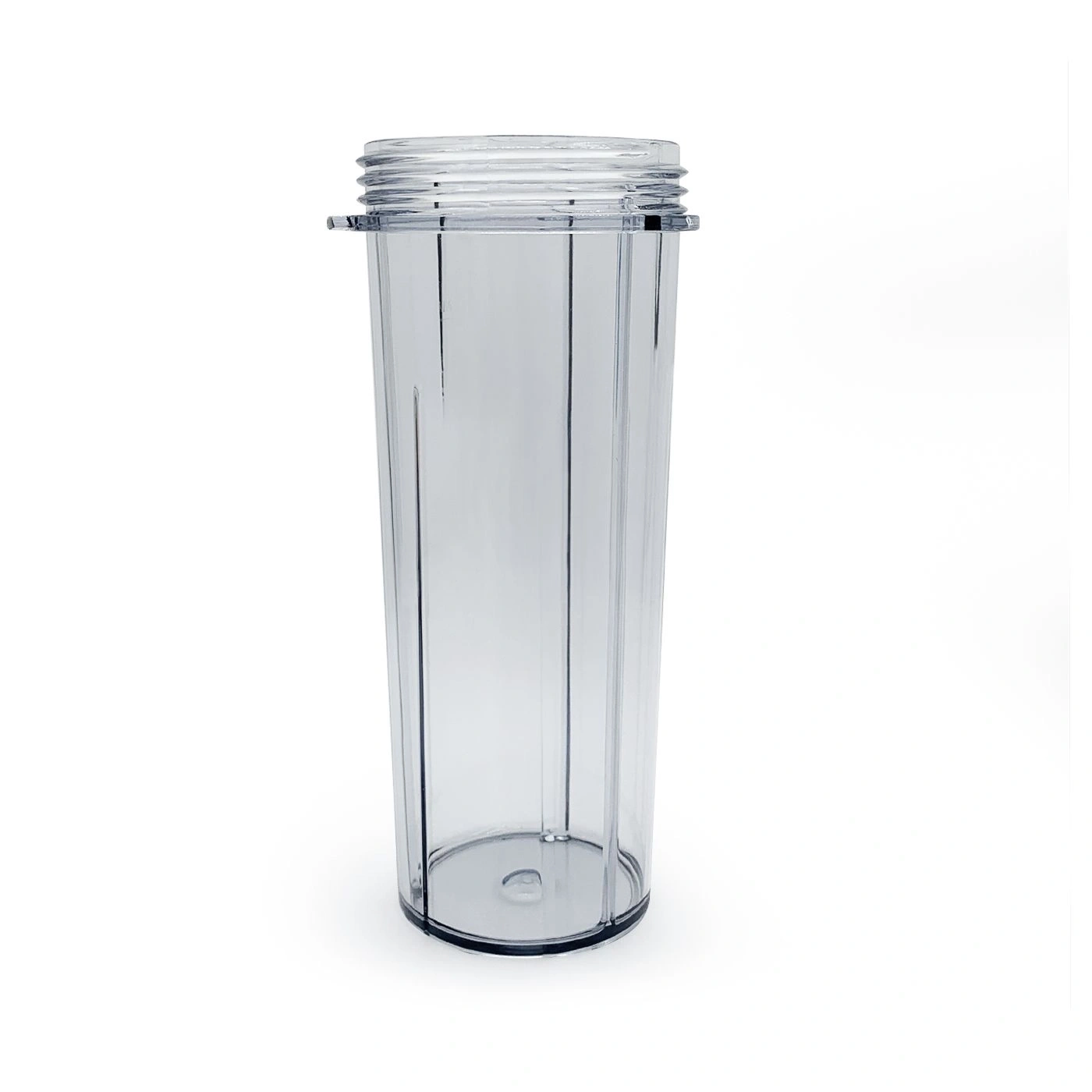 Transparenter Becher mit Gewinde und Griff, isoliert auf weißem Hintergrund