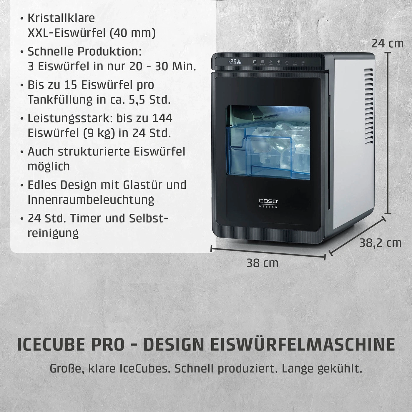 Eiswürfelmaschine mit den Maßen 38x38x24 cm und einer schnellen Produktion von Eiswürfeln.