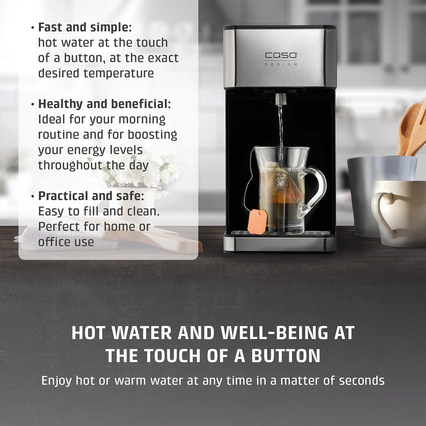 A hot water dispenser at the touch of a button for tea.