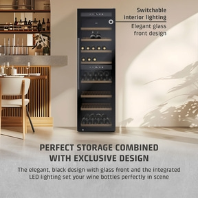 Wine cooler with glass front, elegant design, perfect wine storage, interior lighting