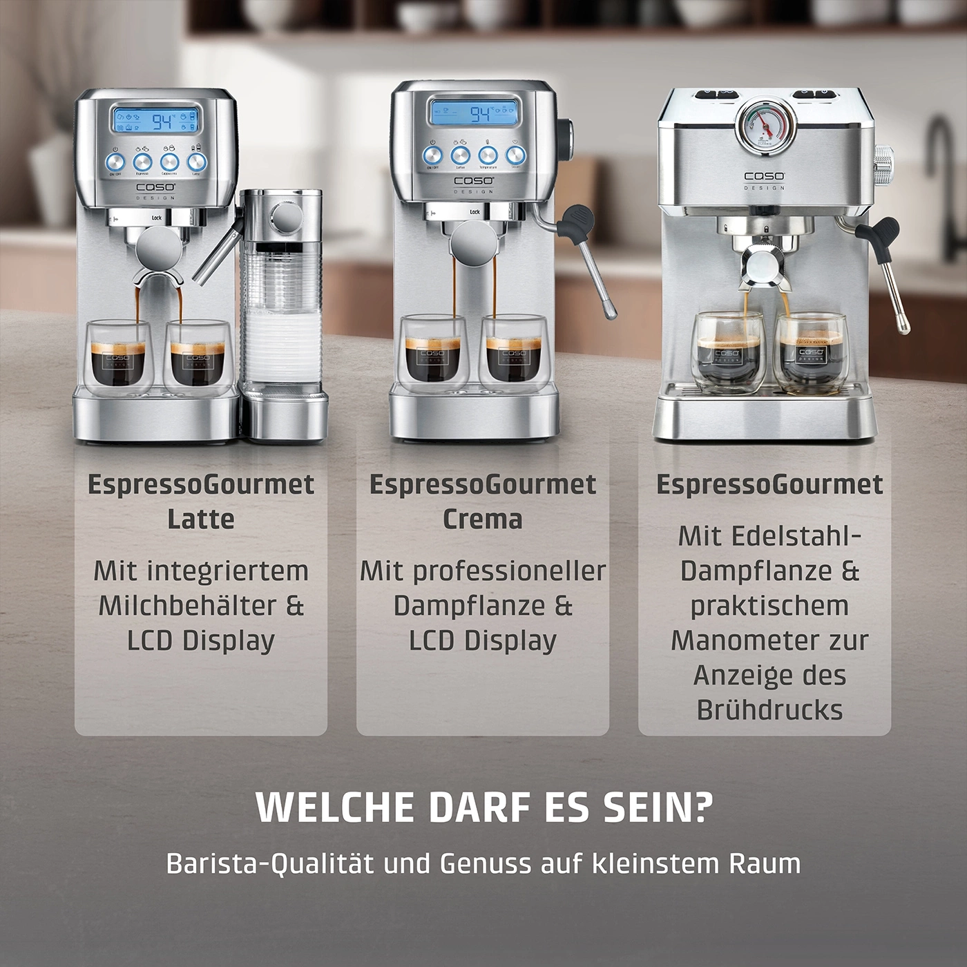 Espressomaschinen: Latte, Crema und Edelstahl-Modelle mit LCD-Display und Manometer.