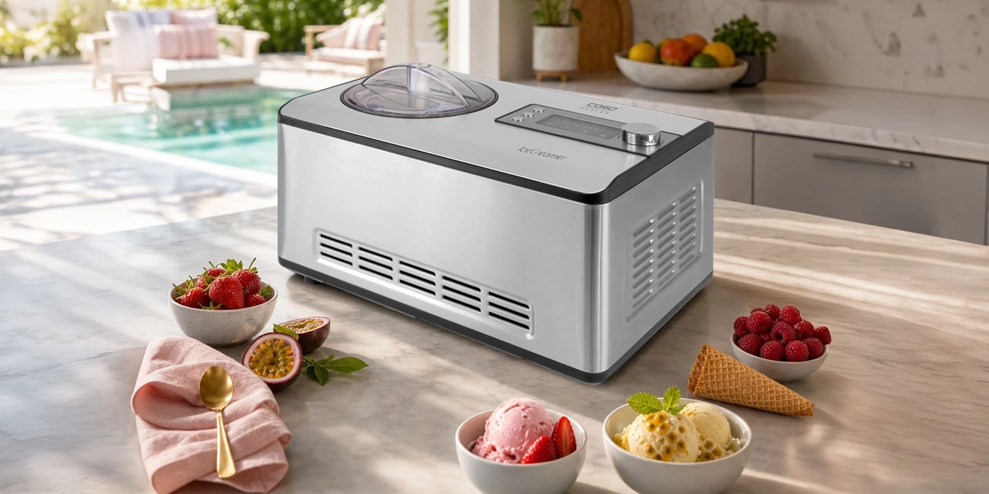 An ice cream maker with fruits and ice cream on a marble countertop next to a pool.