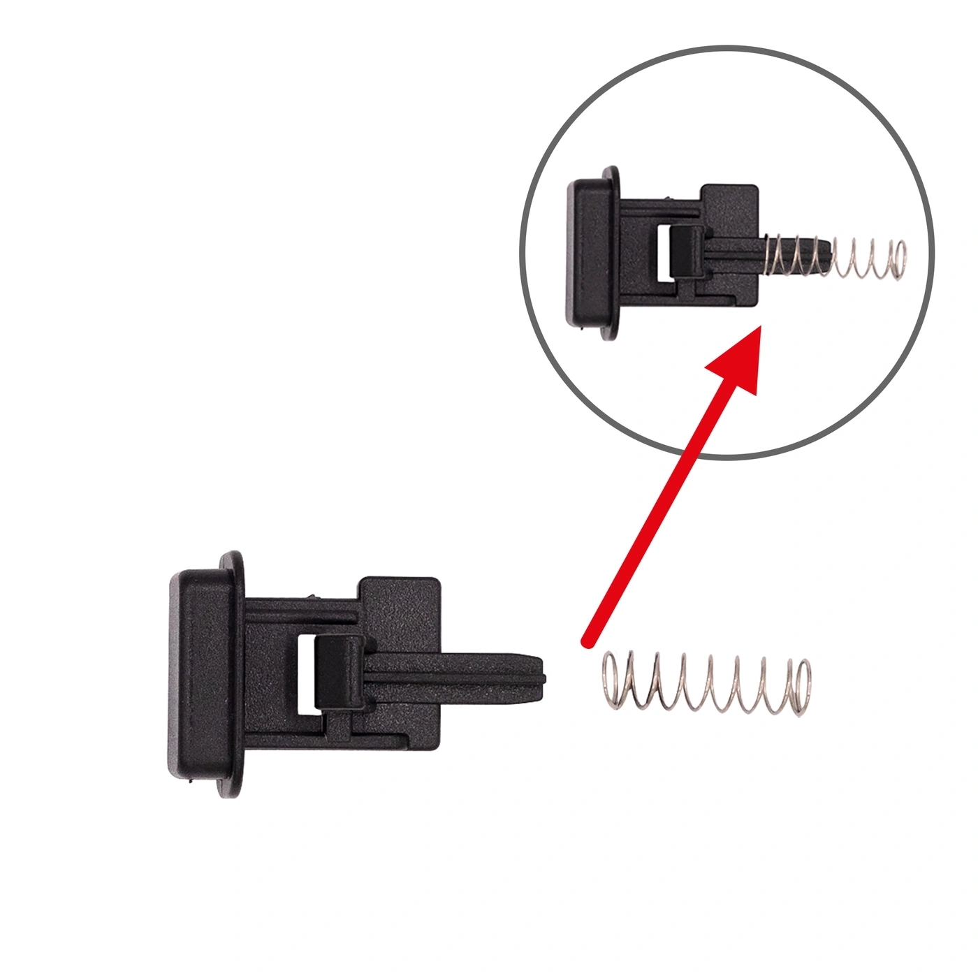 Black plastic part with spring, detail view, arrow pointing to the part