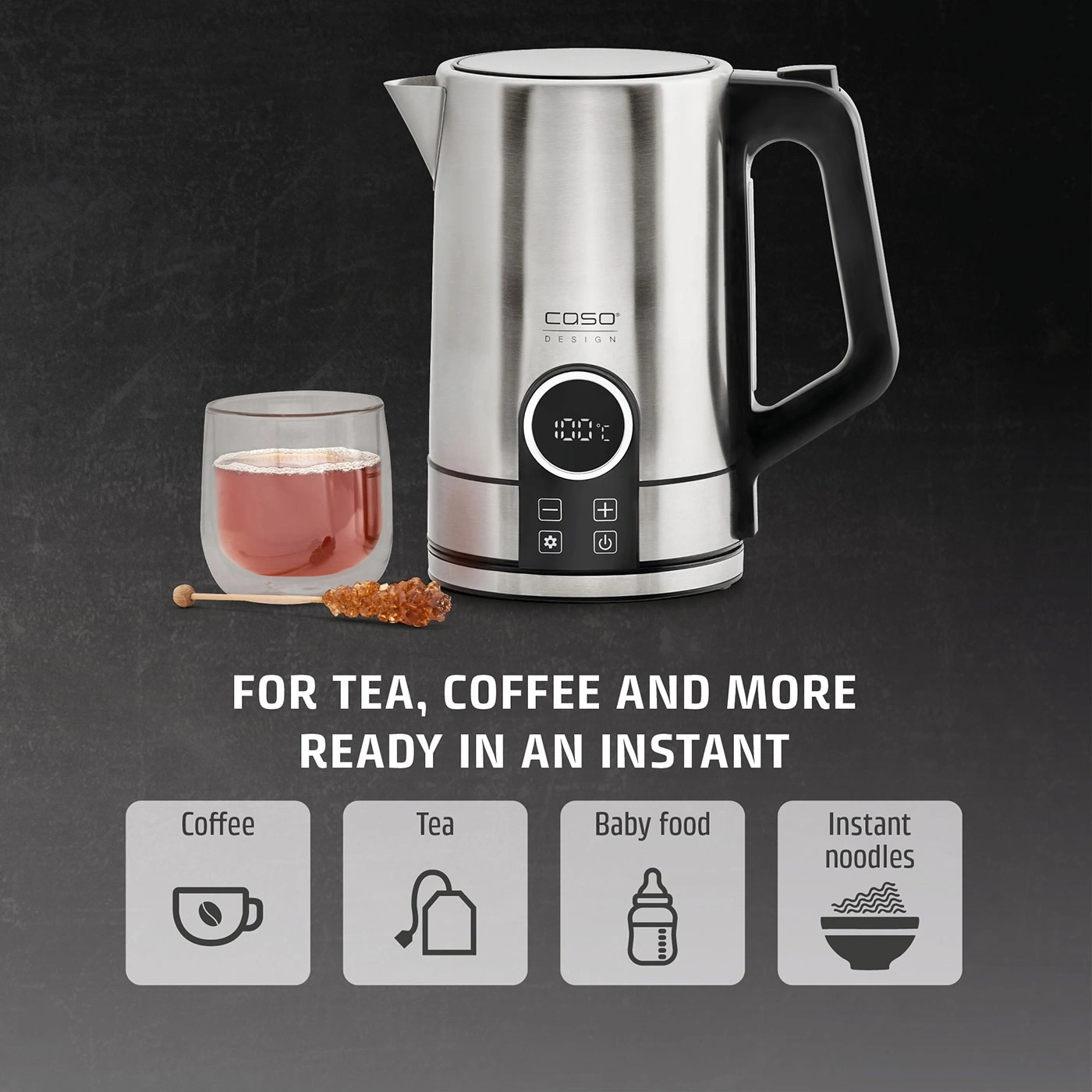 A kettle with different preset buttons for coffee, tea, baby food, and instant noodles.