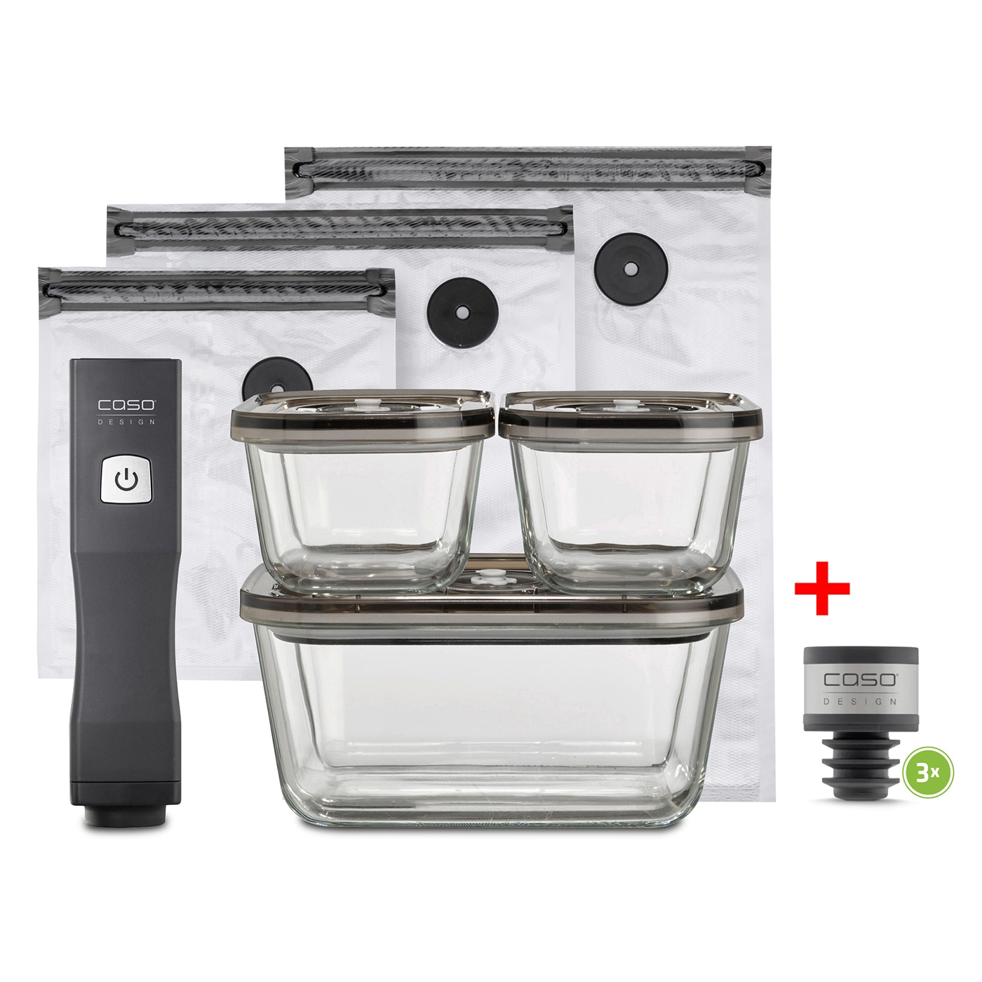 Vacu OneTouch Eco-Set + WineLock (3er-Set) Set aus Handvakuumierer und Vakuum Aromaverschlüsse