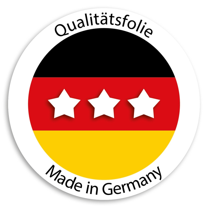 Round logo with German flag, stars, "Qualitätsfolie" and "Made in Germany" text.