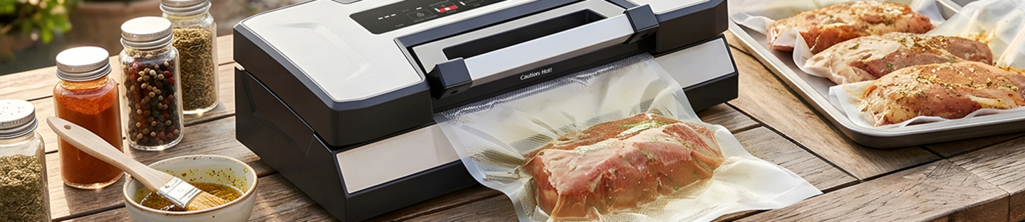 Fleisch wird mit einem Vakuumiergerät verschweißt, daneben Gewürze und rohes Fleisch.