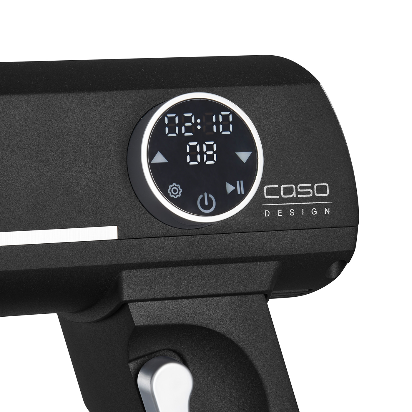 Black device with digital display, Caso Design, control panel with buttons and settings.