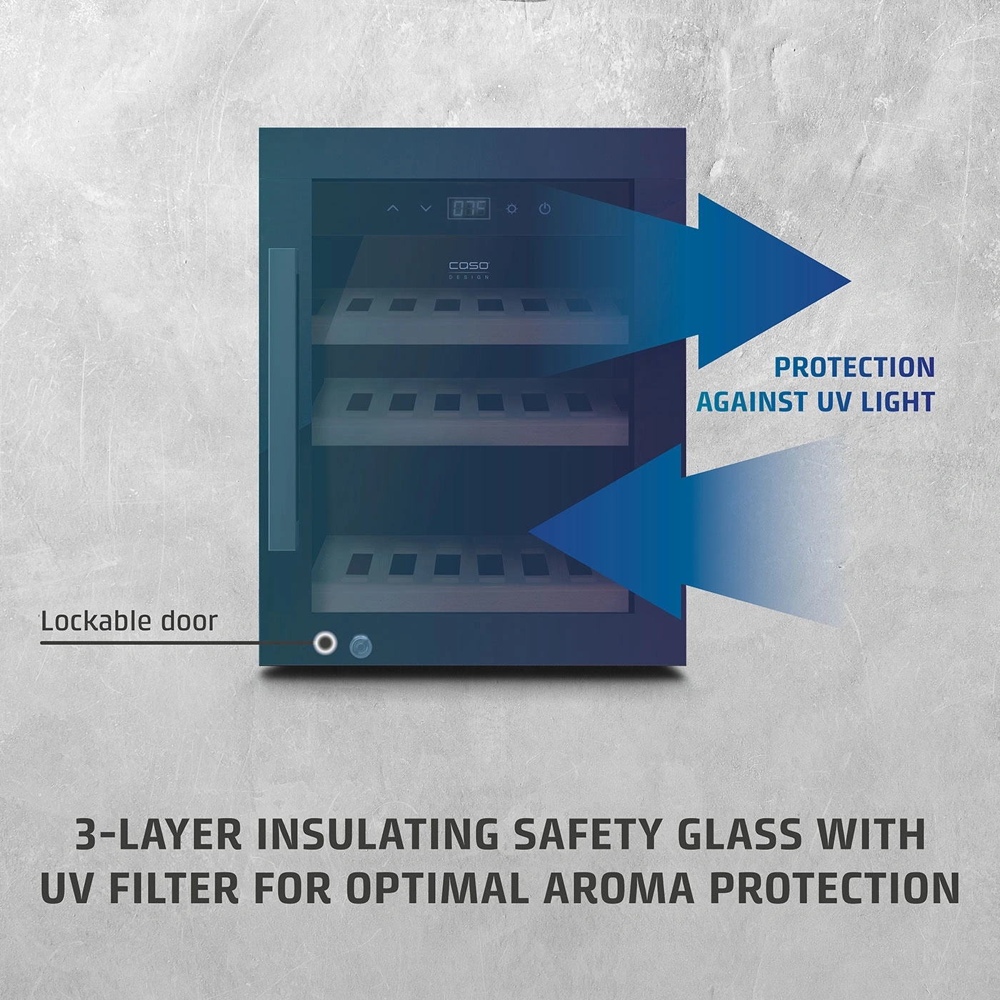 Wine cooler with UV filter, lockable door, aroma protection, 3-layer insulated glass.