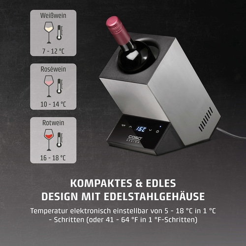 Wine cooler with temperature display for white, rosé, and red wine.