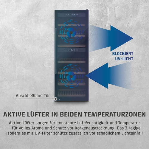 Weinkühlschrank mit aktiven Lüftern, abschließbarer Tür und UV-Schutz.
