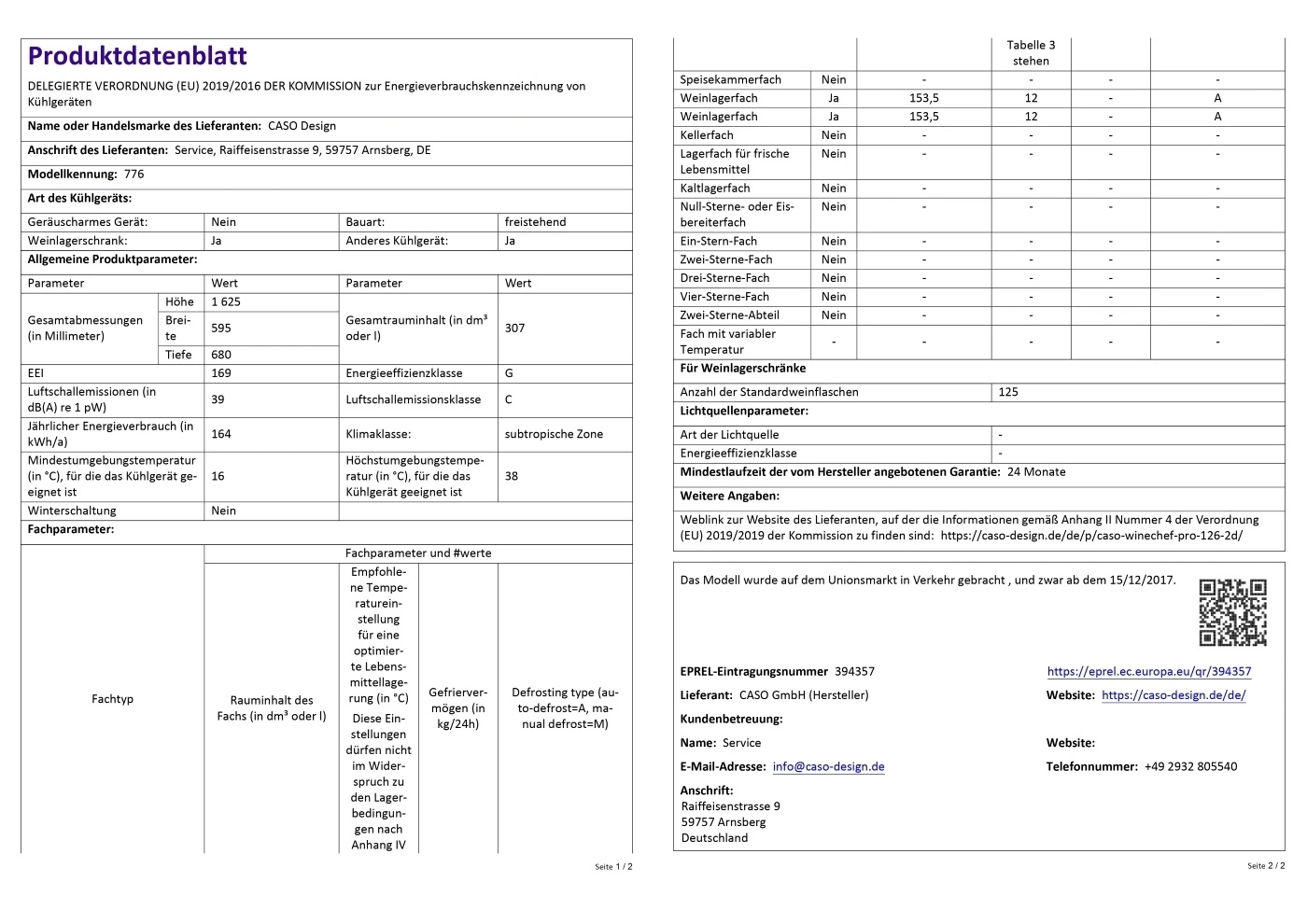 Product data sheet for a wine cooler from CASO Design