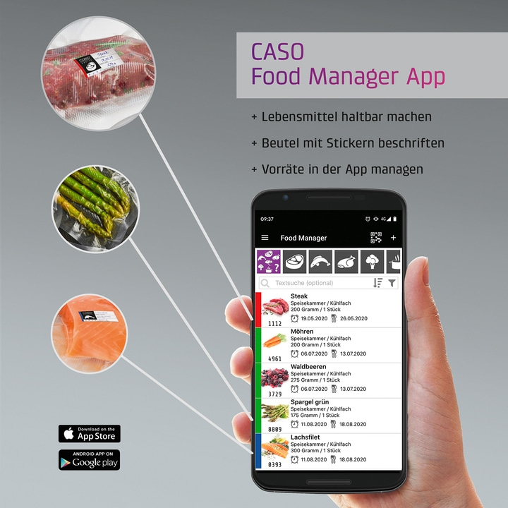 Food Manager app with food items: steak, carrots, berries, asparagus, and salmon fillet.