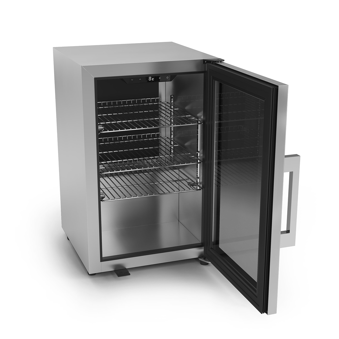 Kühlschrank mit offener Tür, Edelstahl, Glas, Temperaturanzeige, leer