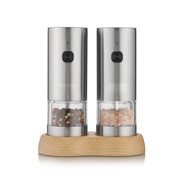 Electric salt and pepper grinder set with wooden base, stainless steel, Caso Design
