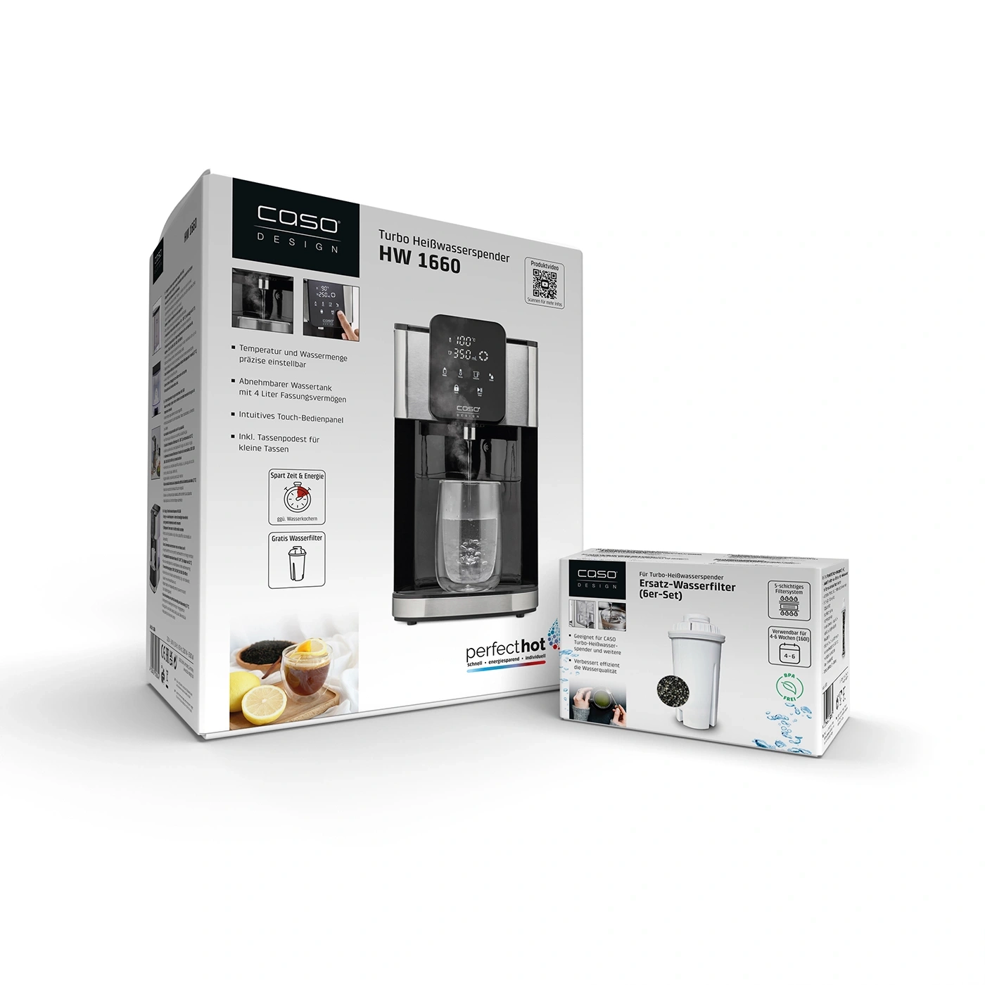 Caso hot water dispenser and replacement filter. Turbo hot water dispenser HW 1660 and replacement water filter.