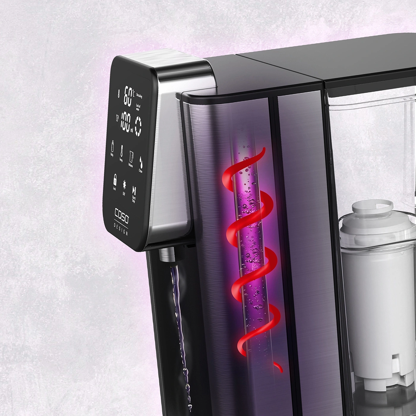 A water dispenser with a digital display and internal components for filtering and heating water.