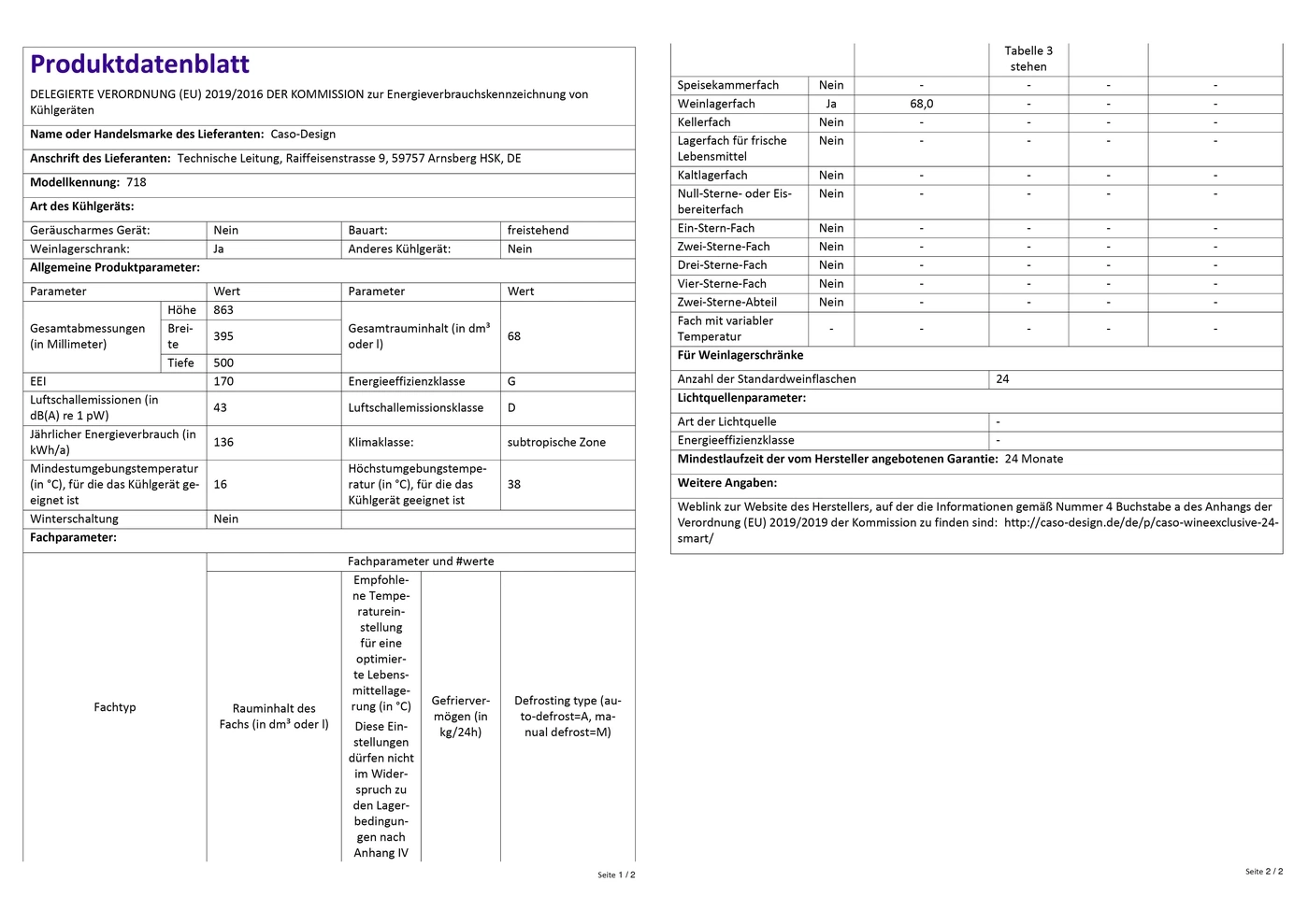 Produktdatenblatt Caso-Design Kühlschrank Weinlagerfach Tabelle