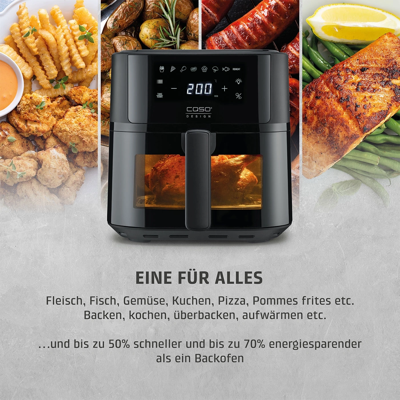 Eine Heißluftfritteuse mit verschiedenen Speisen wie Pommes, Hähnchen, Fisch und Würstchen.