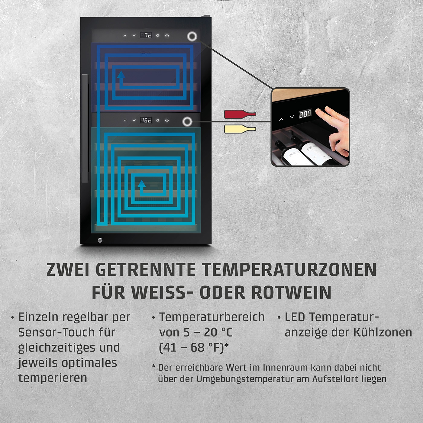 Weinkühlschrank mit zwei Temperaturzonen, Sensor-Touch und LED-Anzeige.