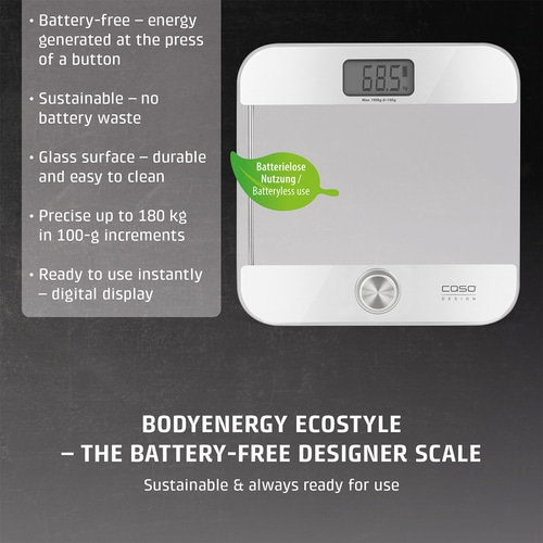 White design scale with digital display and leaf symbol "Battery-free use"