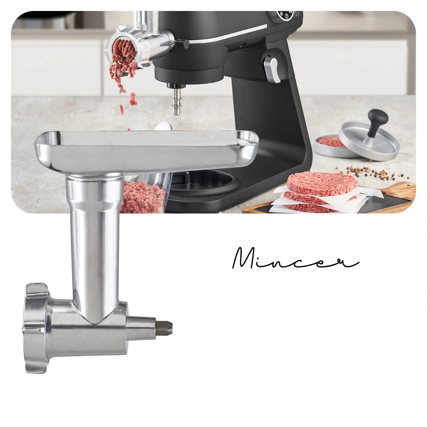 Meat grinder with ground meat and burger accessories. Black kitchen machine.