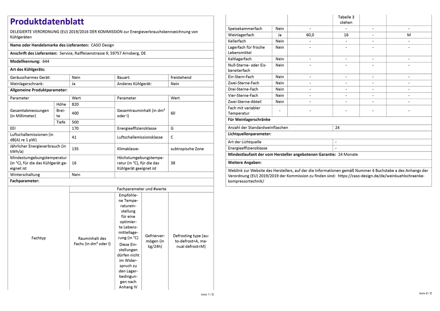 Produktdatenblatt Kühlschrank: Energieeffizienz, Parameter, Weinlagerfach, Abmessungen, Klimaklasse, Garantie.