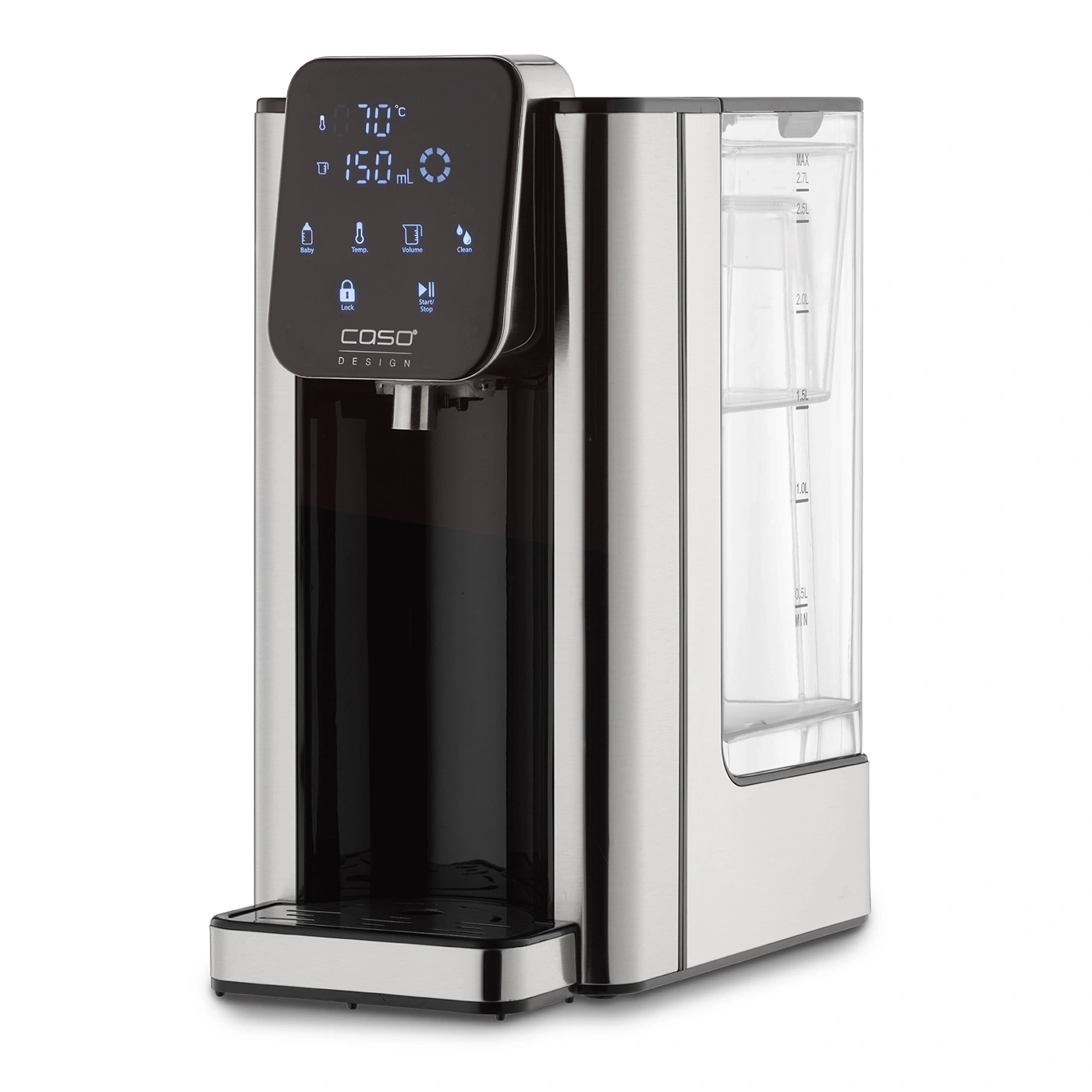 Stainless steel water boiler with digital display showing temperature, volume, and various settings.