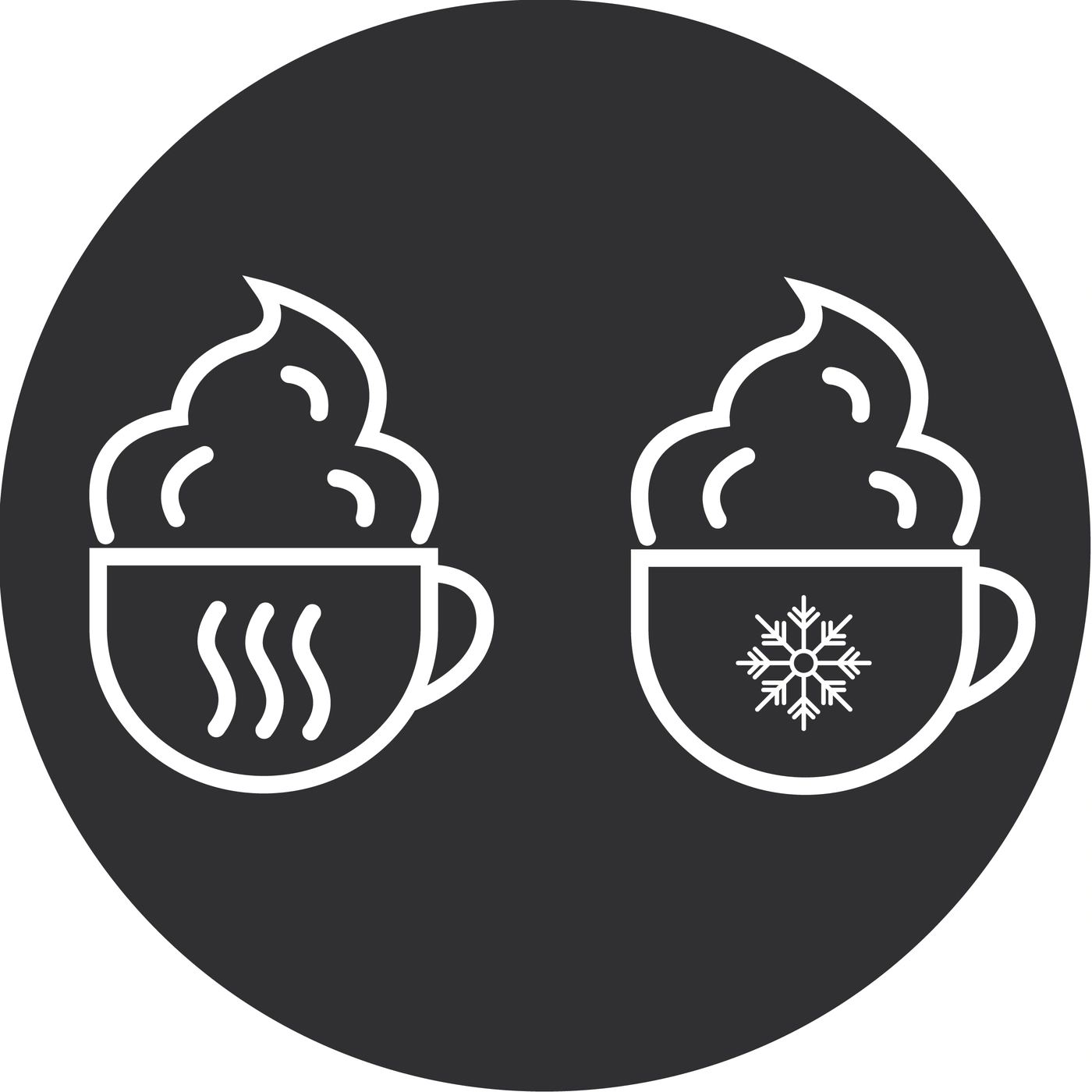 Heißgetränke-Icons: Heißgetränk mit Dampf und kaltes Getränk mit Schneeflocke