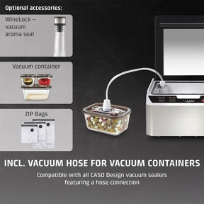 Vacuum sealer with accessories: Wine Lock, containers, ZIP bags. Includes vacuum hose.
