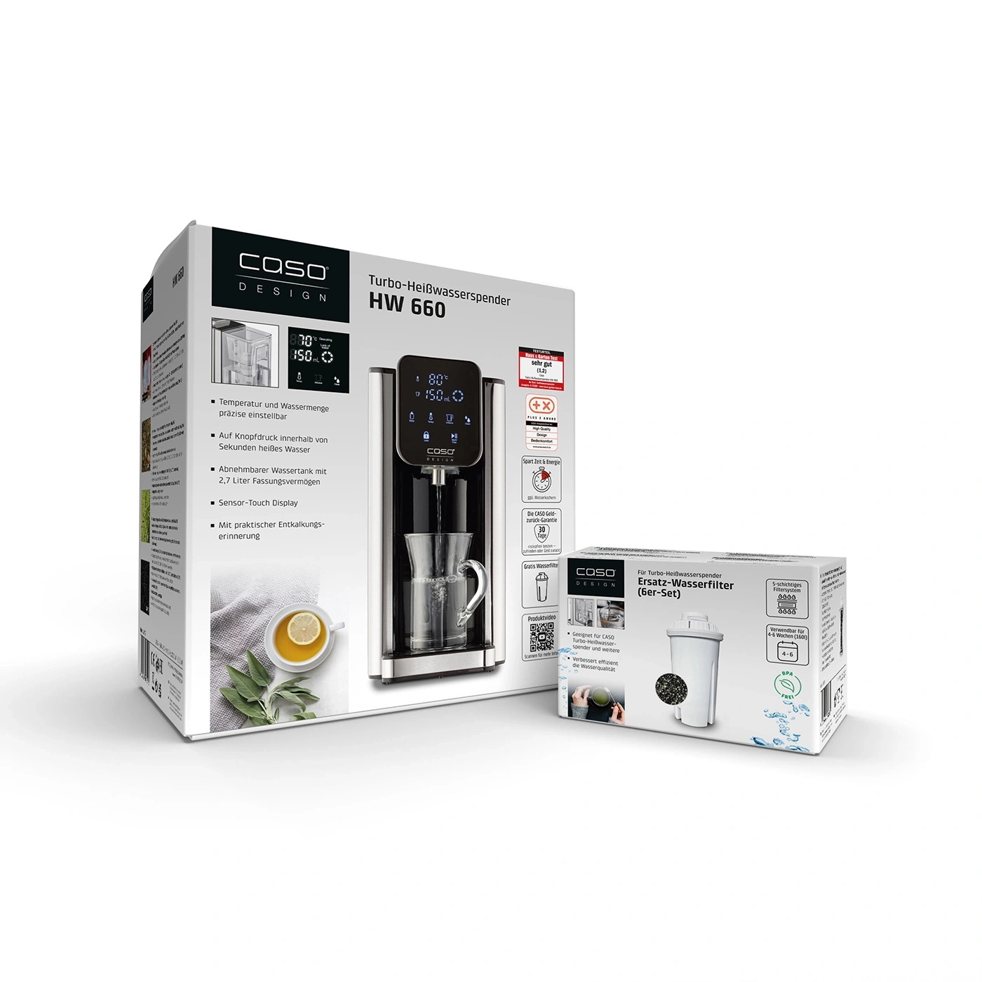CASO hot water dispenser and replacement filter set, adjustable temperature, 2.7 liter tank