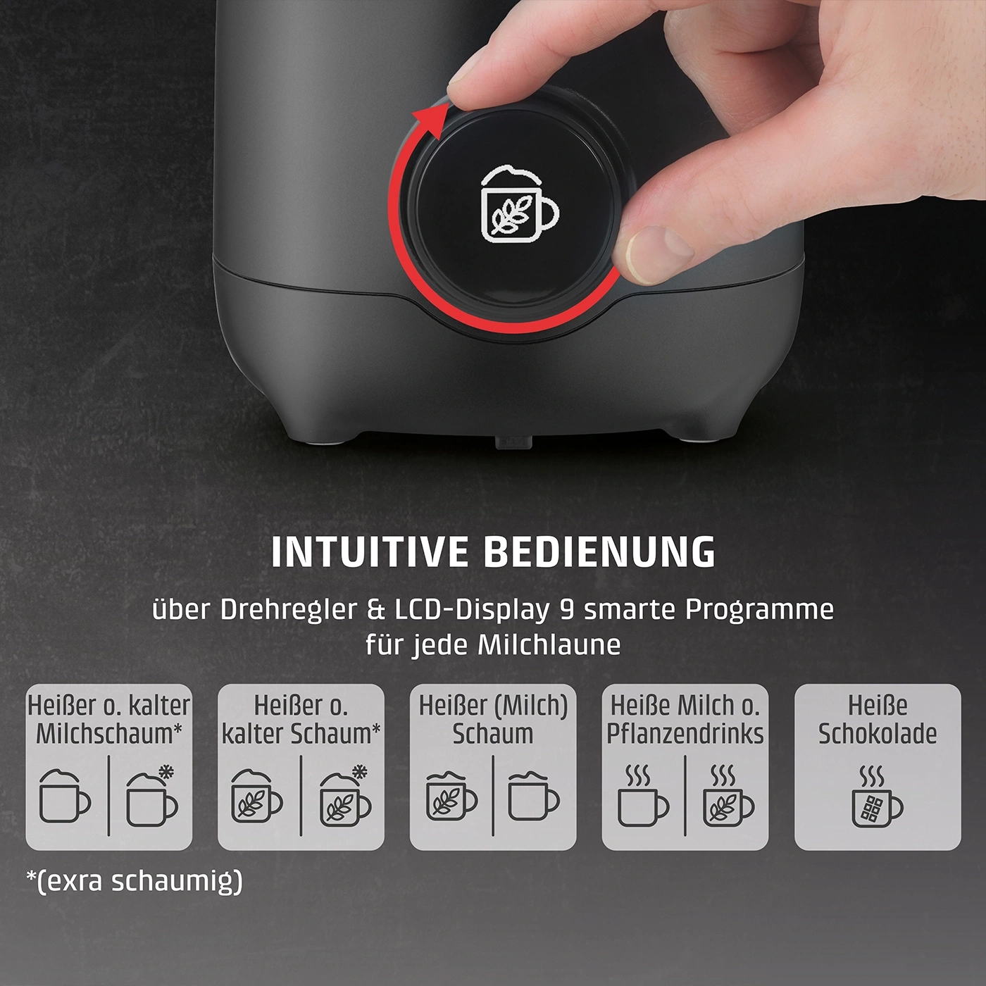 Milchaufschäumer mit Programmen für Milch und Schokolade, intuitive Bedienung.